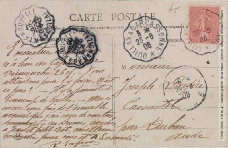 Escouloubre Carcanières : établissement thermal Esparre / cliché A. Trantoul [photographie Amédée Trantoul (1837-1910)]. - Toulouse : phototypie Labouche frères, marque LF au verso, [1904], tampon de la poste de 1906. - Carte postale (1904/1925) - verso